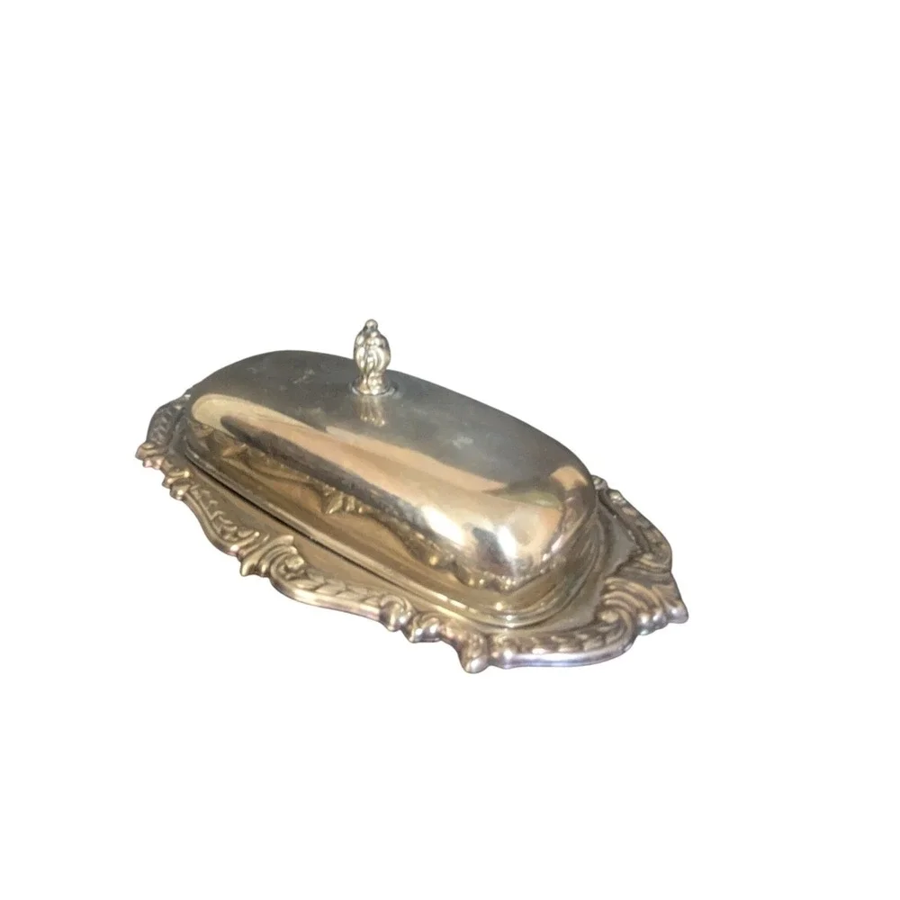 Sheridan Silver Silver‎ plate Butter Dish with Glass Liner Ornate Domed Lid Set